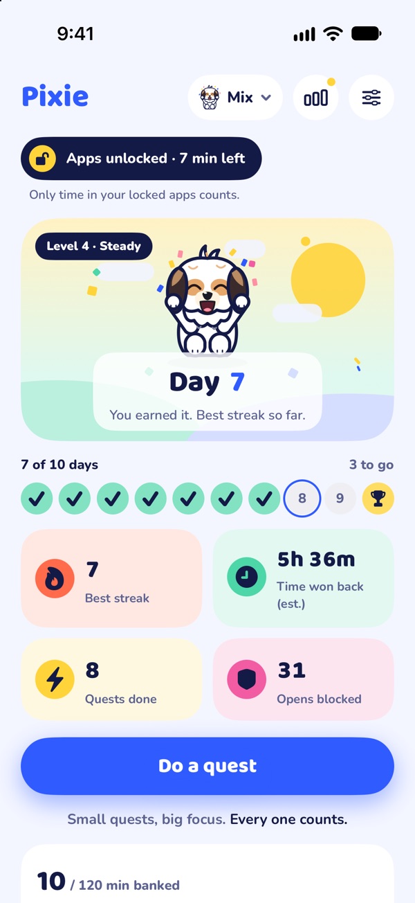 Pixie Home: apps unlocked, a 7-day streak and time won back.